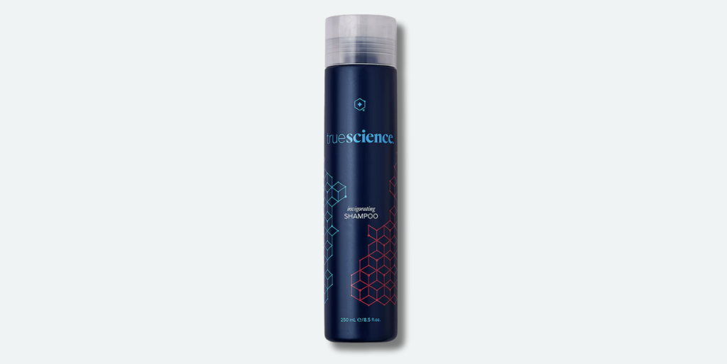 A navy blue shampoo bottle with the words "Truscience" on it