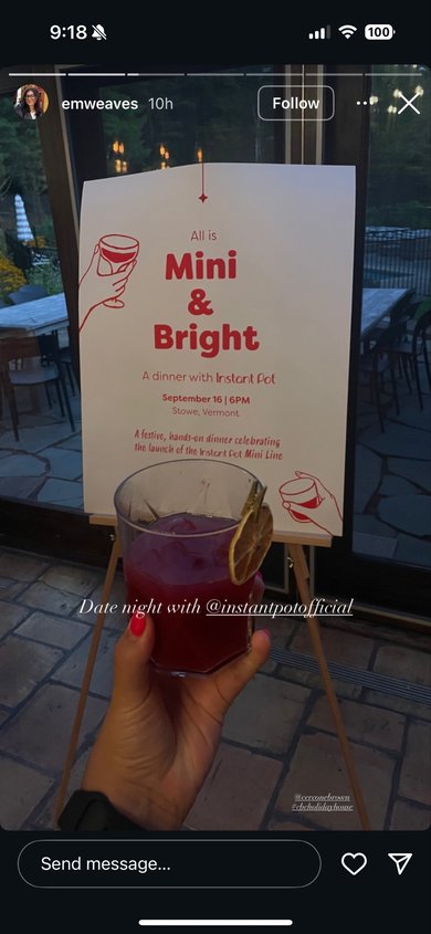 Instagram story from @amywaves showing the All Is Mini & Bright dinner event signage at CBC's Instant Pot Holiday House 2025 activation