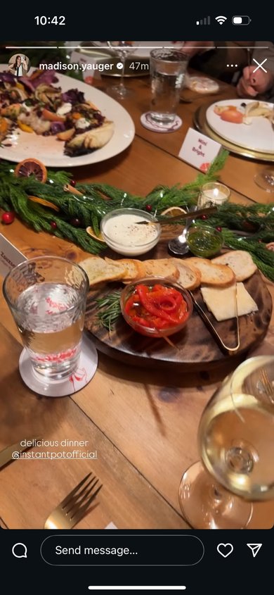 Instagram story showing an Instant Pot–prepared dish with dipping sauce at the Holiday House 2025 dinner table in Stowe, Vermont