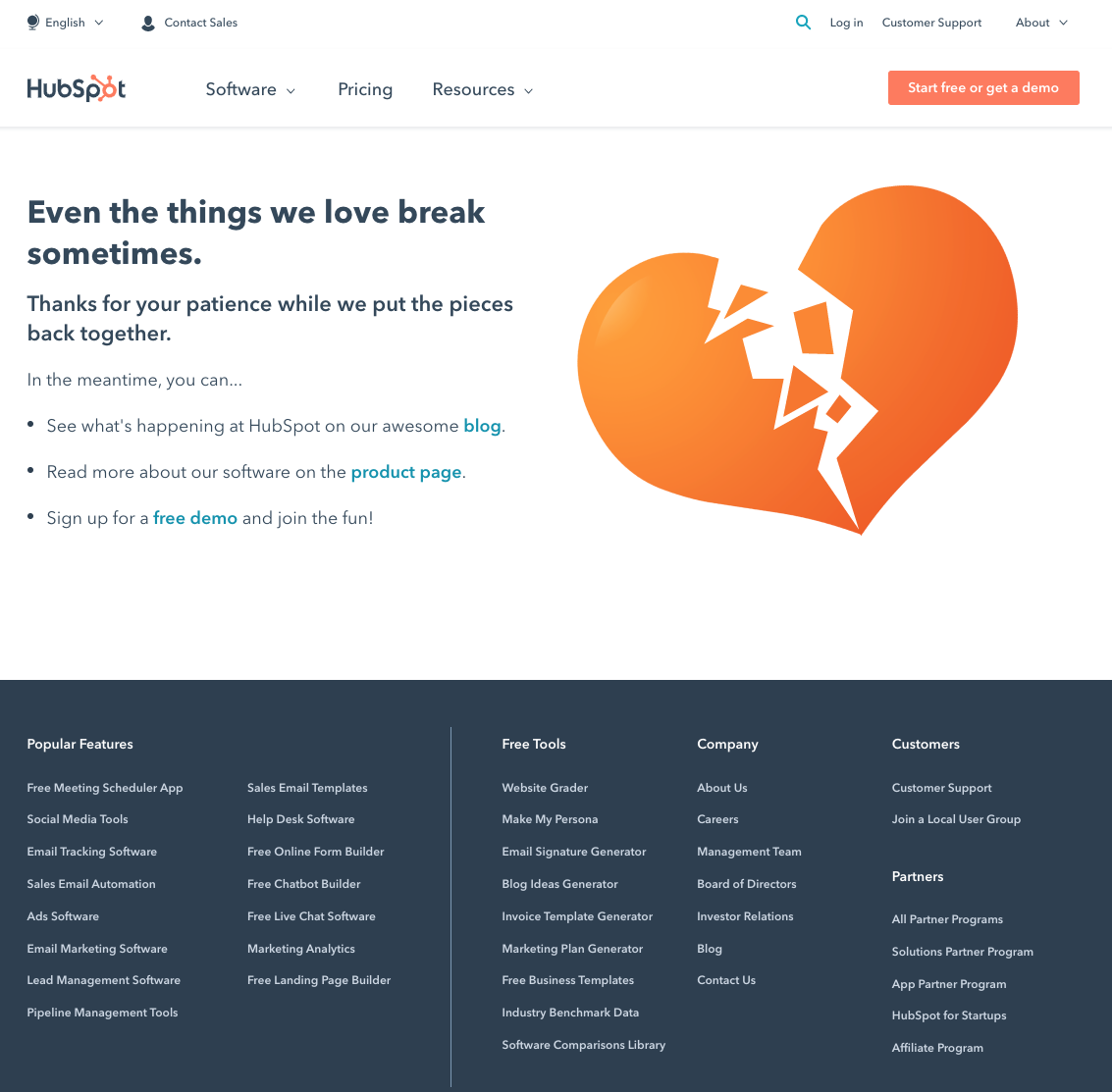 Example of a robust 404 error page from HubSpot. They suggest 3 main links that users may find useful, and the footer provides many other options to help a user navigate.