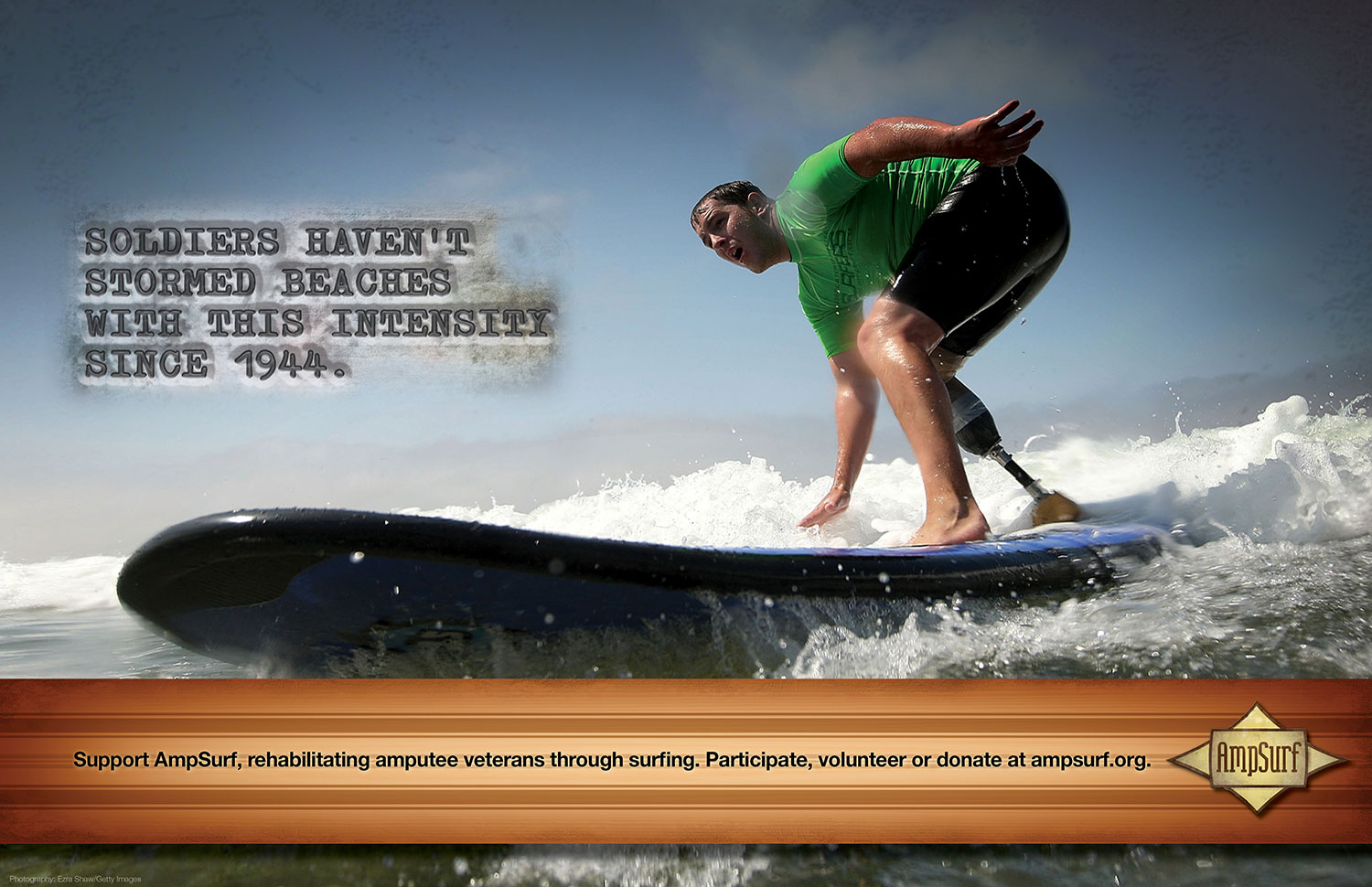 Advertising campaign for Ampsurf, amputee veteran surfing a wave