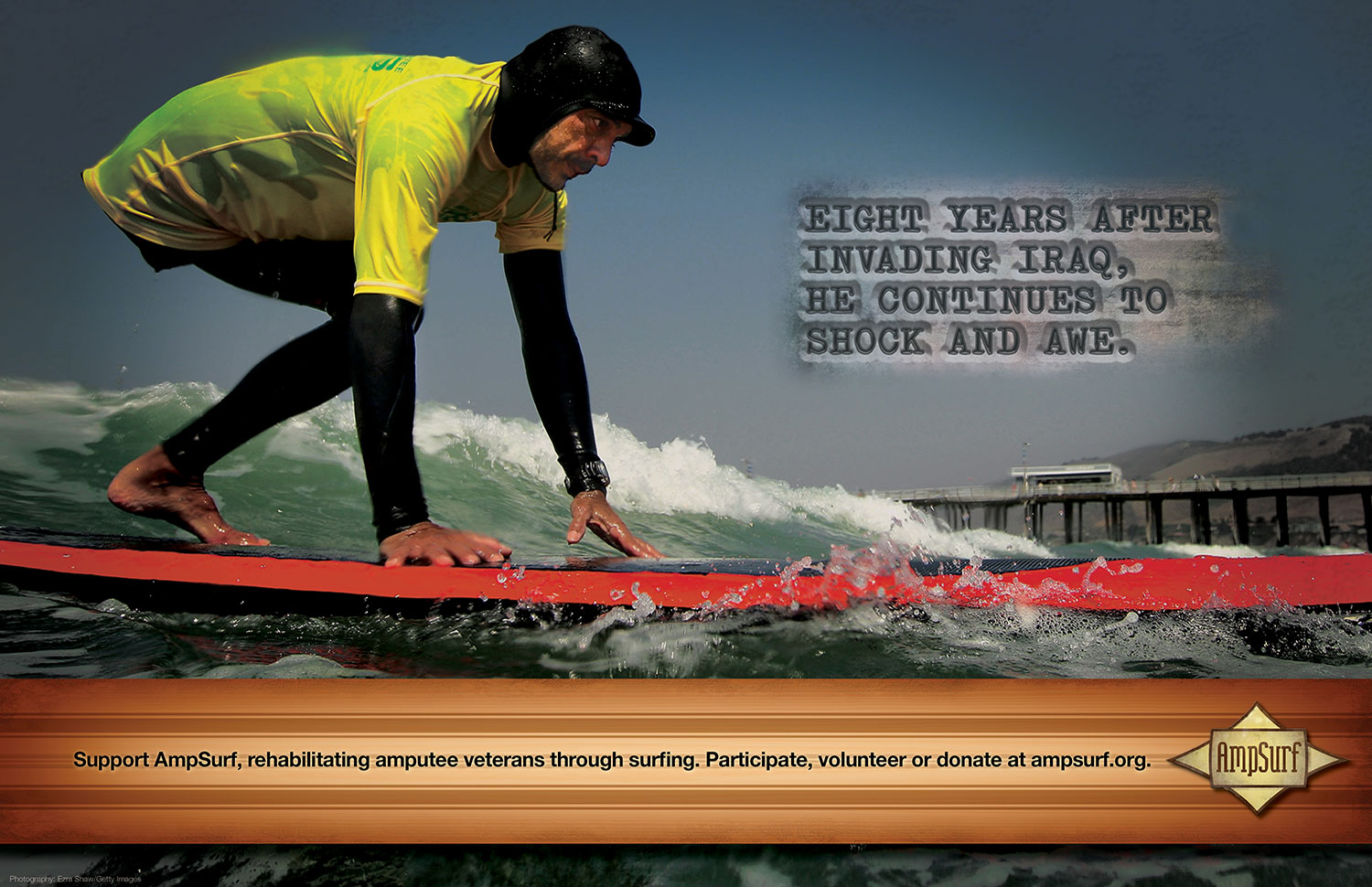 Advertising campaign for Ampsurf, amputee veteran surfing a wave