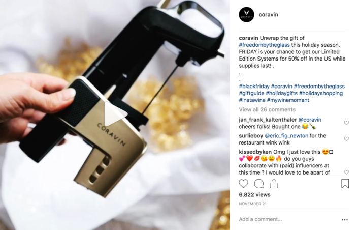 Instagram post of a Coravin system in a holiday box