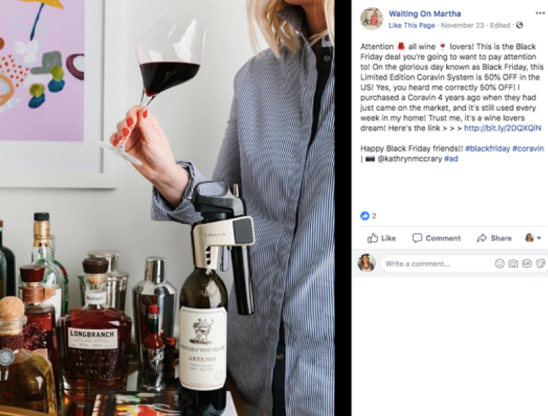 Facebook post of Influencer drinking wine using a Coravin system