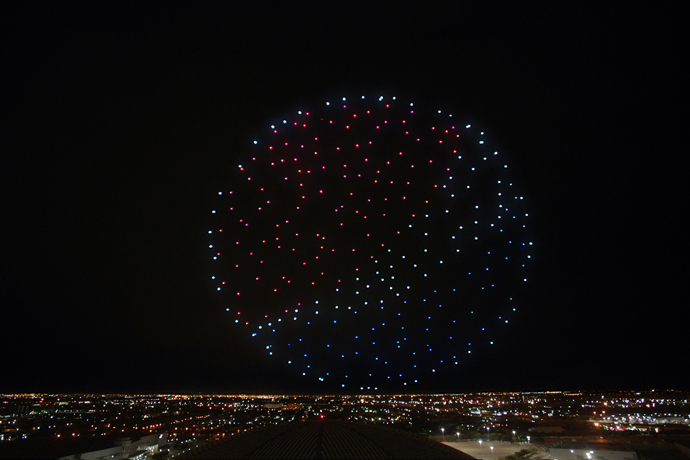 Intel Shooting Star drones light up the sky in the Pepsi logo following the Pepsi Zero Sugar Super Bowl LI Halftime Show. (Credit: Intel Corporation)