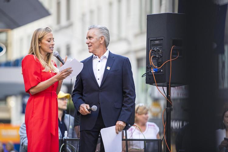 Fashion show hosts Jenny Johnson and Billy Costa