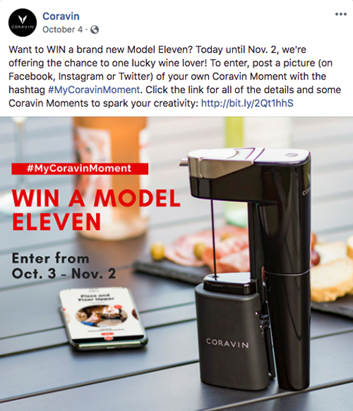 Facebook post of Coravin #MyCoravinMoment social media campaign