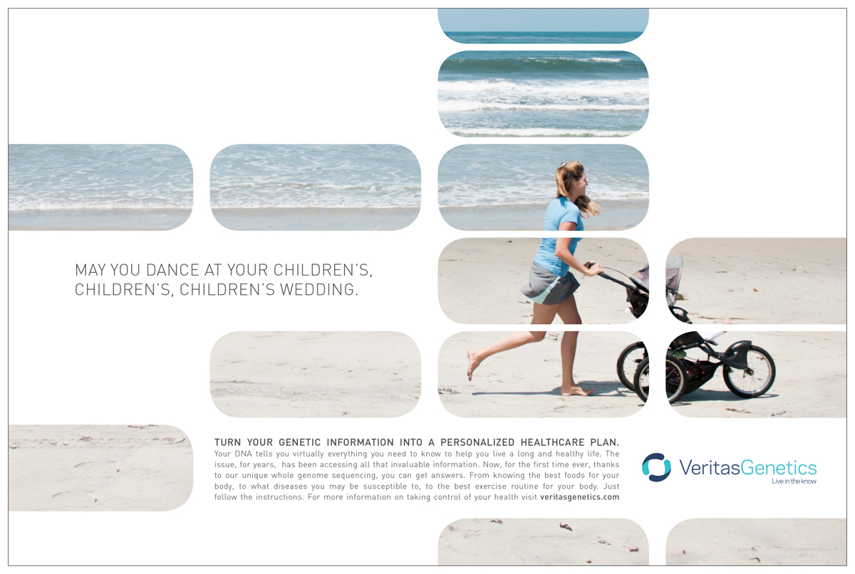 Woman running on the beach with a stroller for Veritas Genetics Ad