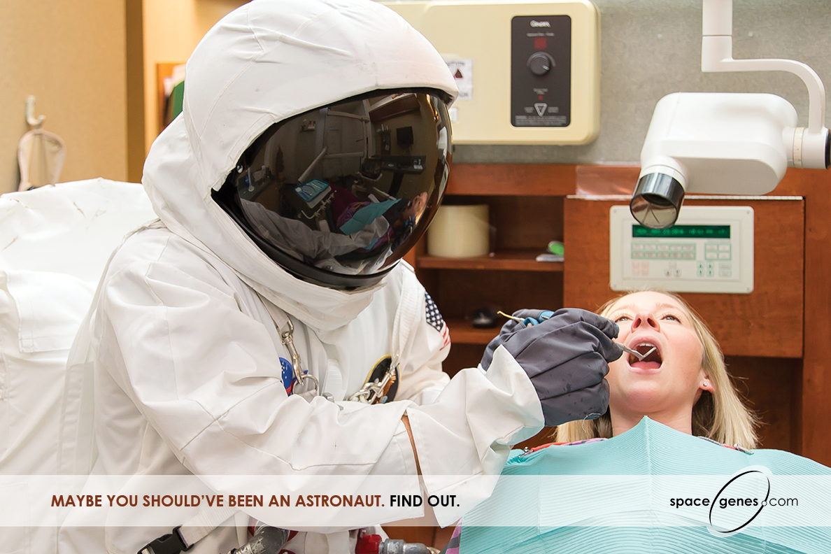 Dentist in astronaut suit in Space Genes ad for Veritas Genetics