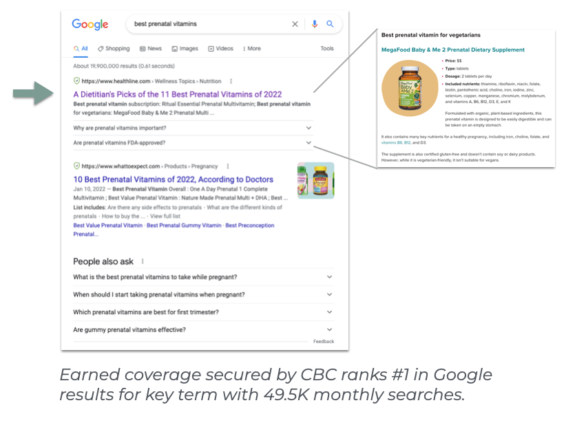 Example of earned press coverage that ranks as the top Google search result.