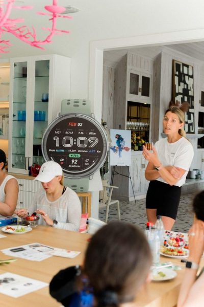 Close-up of the Amazfit Active 2 smartwatch worn by an editor during the Health House activation at CBC's press trip on Captiva Island