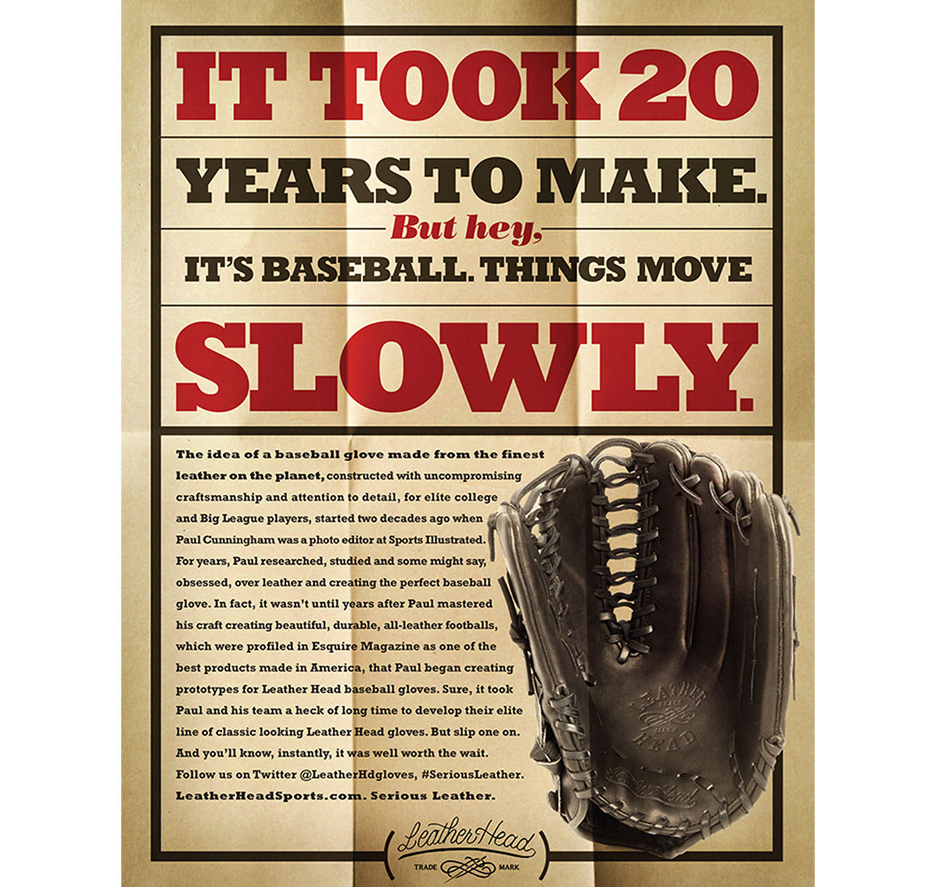 Advertisement for premium Leather Head baseball gloves